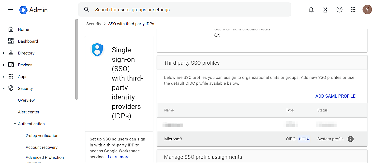Screen shot of G suite, set up single sign-on